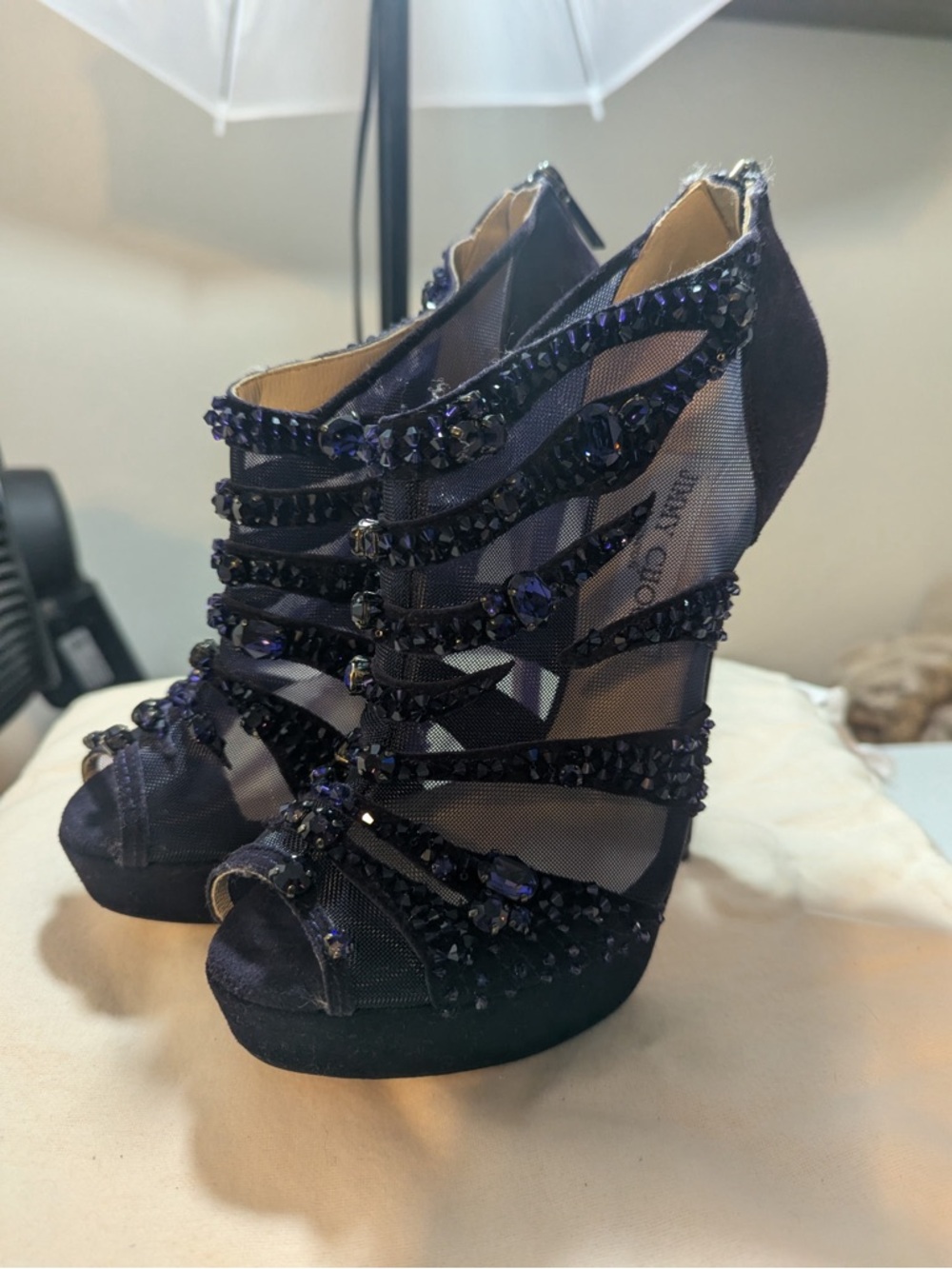 Women's Black Embellished Mesh High Heel Sandals by Jimmy Choo